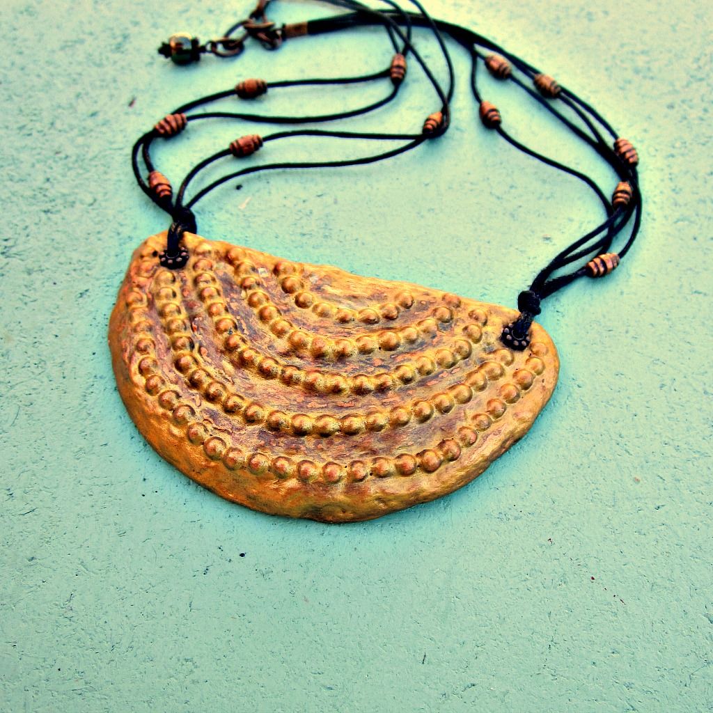 Crescent Pendant Necklace, Gold Paper Mache on Cord Created by Renée