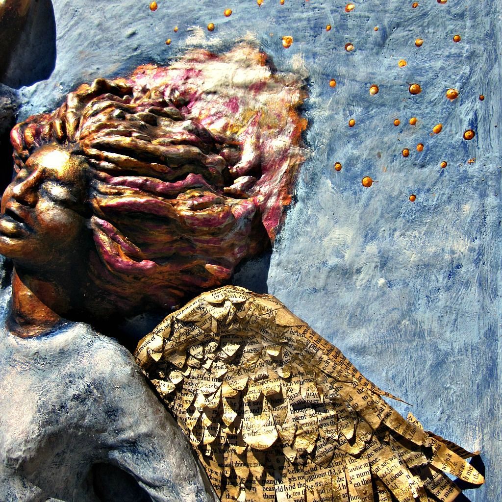 Angel Wall Sculpture, Foil Leaf Framed Paper Mache Relief Art
