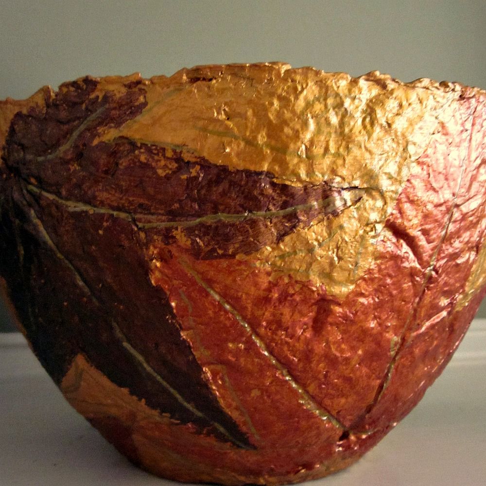 Handmade Paper Mache Bowl, Gold and Copper Leaves Papier Mache Decor