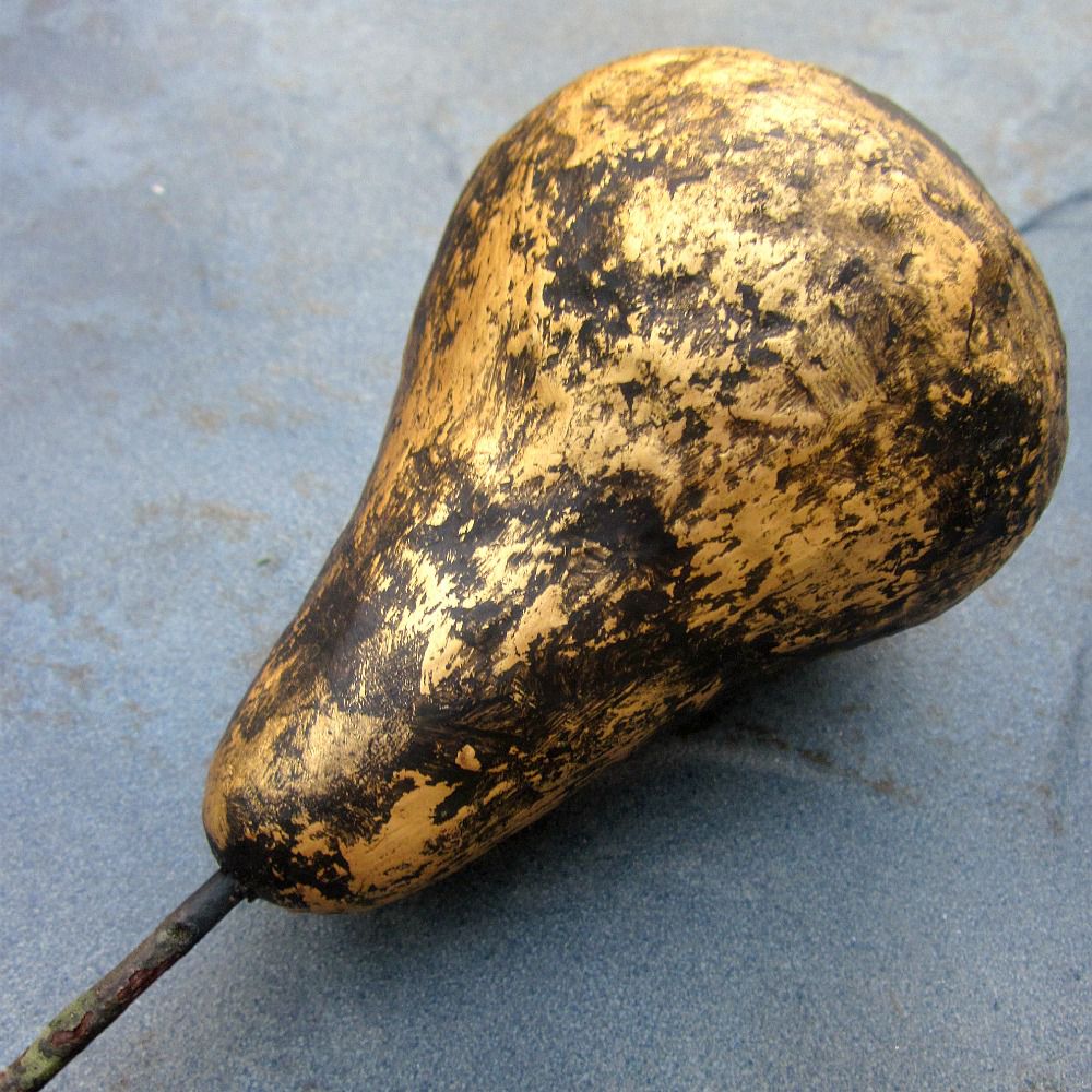 Handmade Paper Mache Pear Sculpture with Rustic Gold Leaf Finish