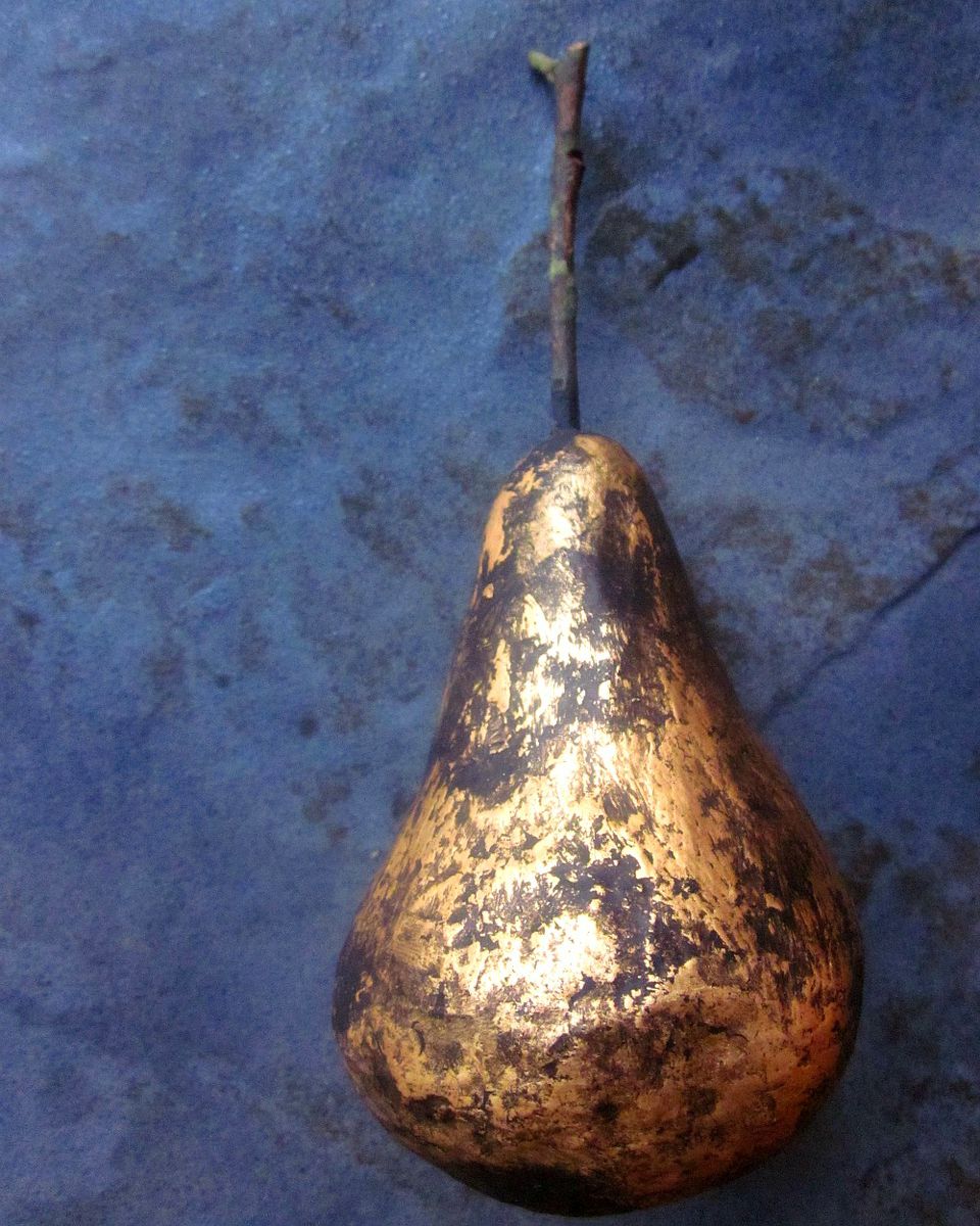 Handmade Paper Mache Pear Sculpture with Rustic Gold Leaf Finish