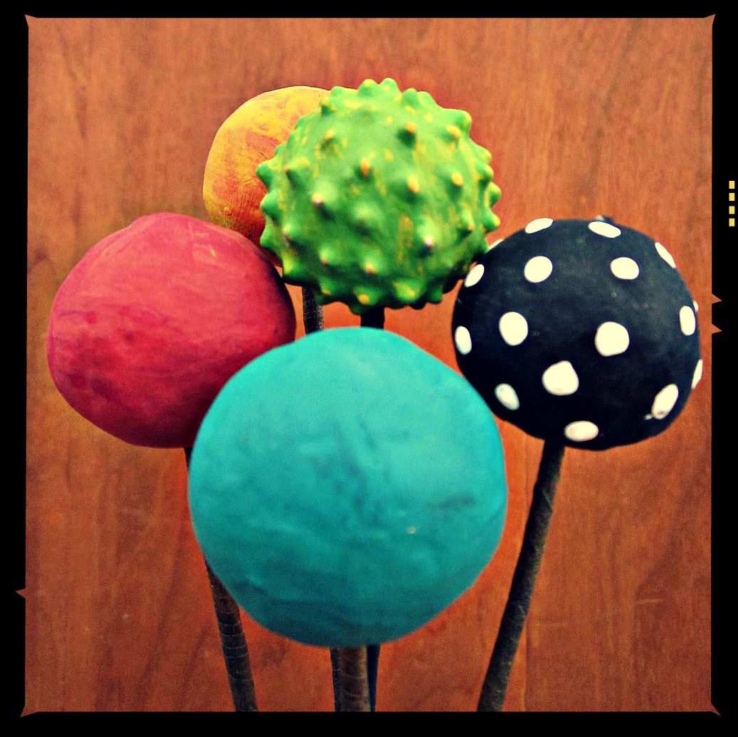 Floral Pick Set of Five Colorful Paper Mache Balls on Stems Recycled