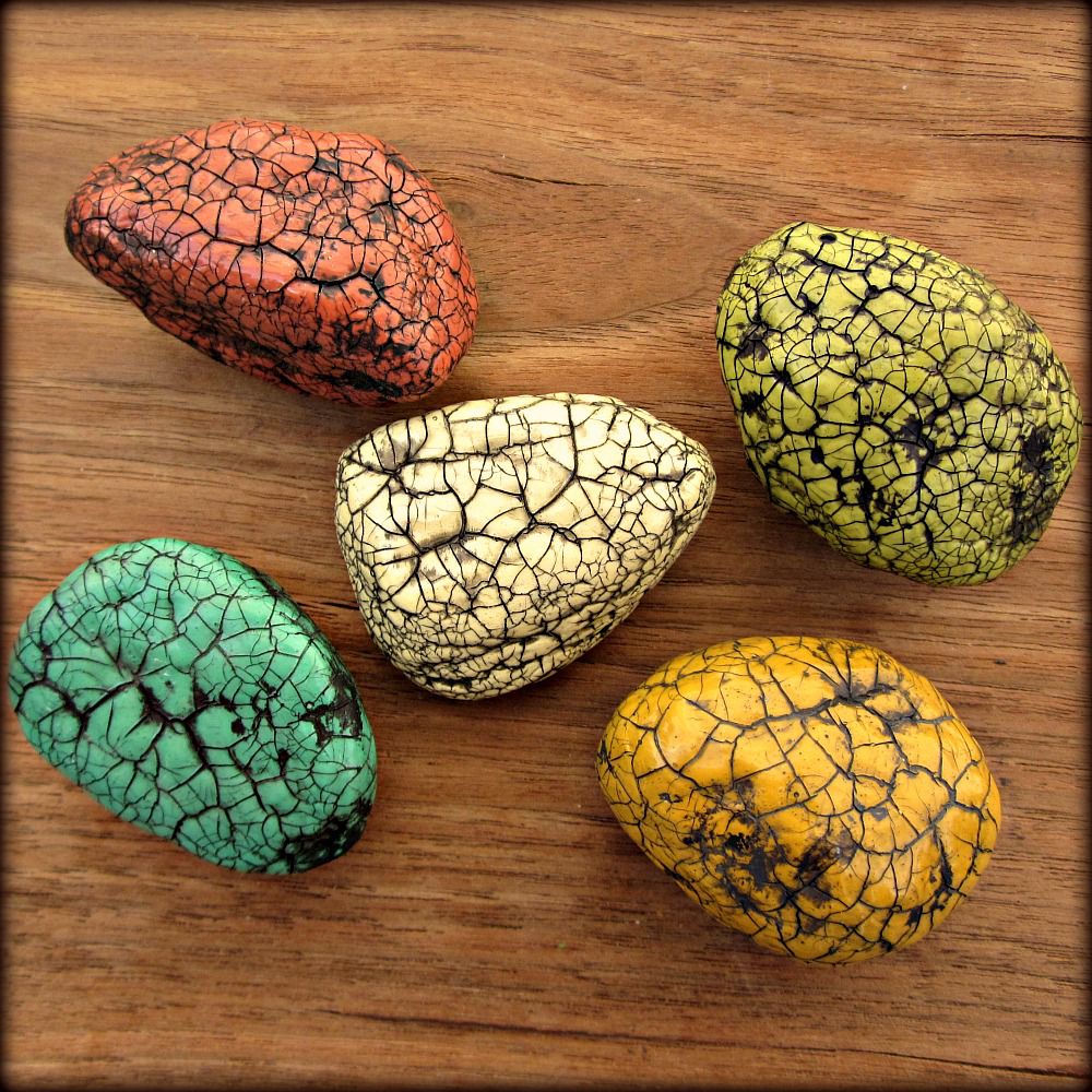 Colorful Set, Five Paper Mache Crackled Stone Recycled Decor