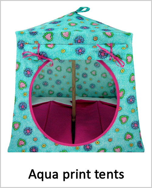Aqua print tents with lace around the windows