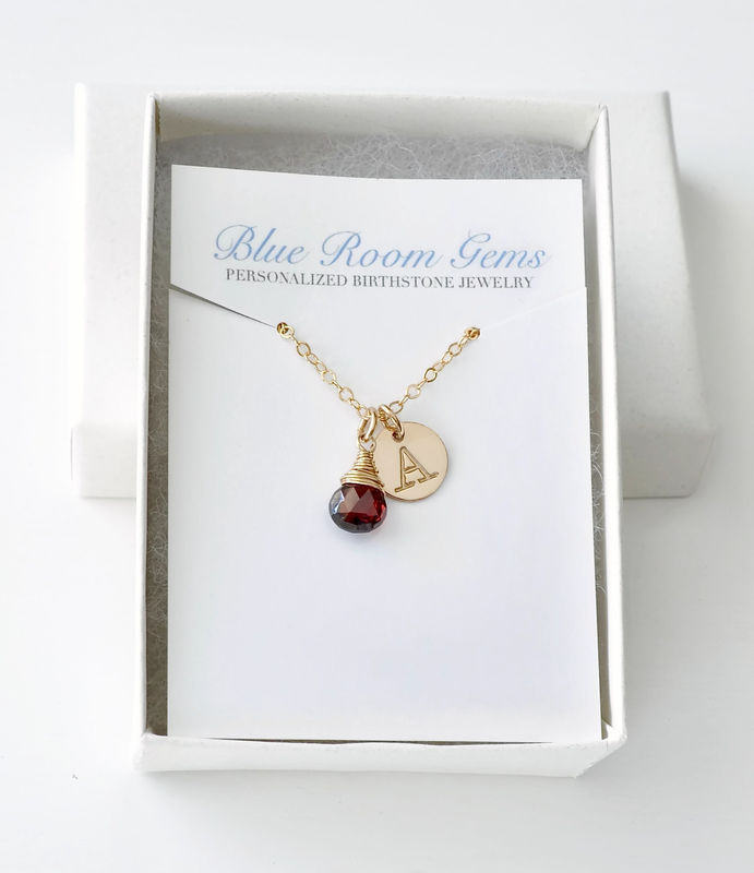 Gold Initial Necklace with January Birthstone Blue Room Gems