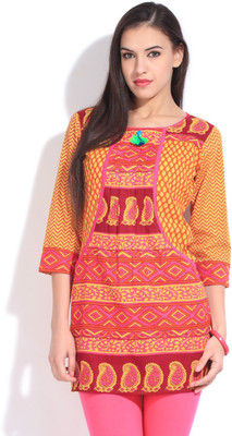 Yellow Rain & Rainbow Casual 3/4 Sleeve Printed Women's Kurti - product image