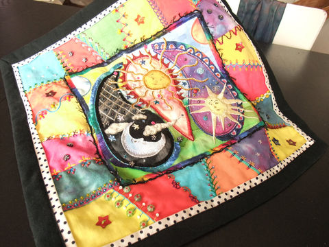 Celestial,Paisley,Wall,Hanging,Art,Fiber_Art,Wall_Hanging,celestial,sun,moon,star,colorful,crazy_quilt,embroidered,tasrete,hand_painted_cotton_fabric,hand_dyed_cotton_fabric,silk_floss,cotton_floss,metallic_floss,trims_and_beads