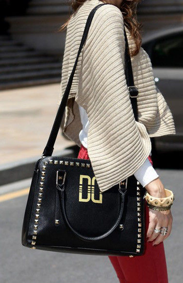 FAUX LEATHER WITH GOLD TONE STUD SATCHEL BAG - product image