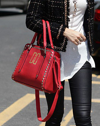 FAUX LEATHER WITH GOLD TONE STUD SATCHEL BAG - product image