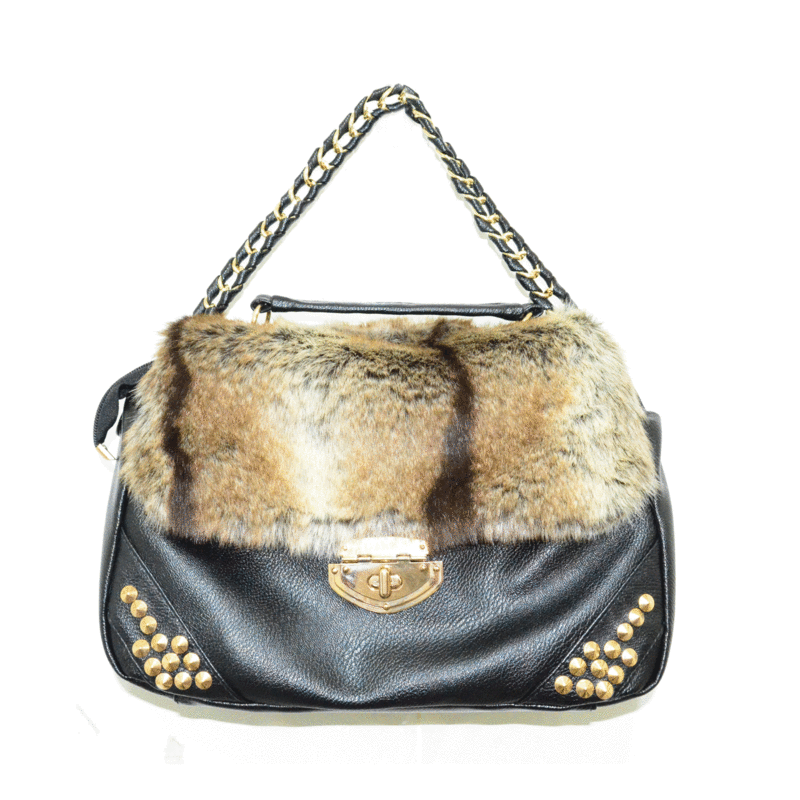 FAUX FUR AND LEATHER GOLD TONE STUD BAG - product image