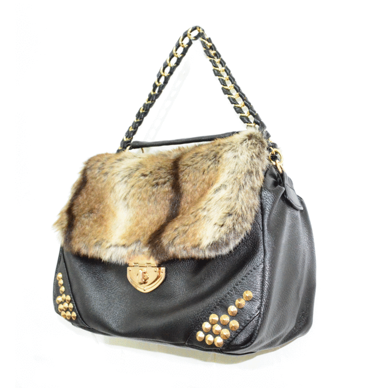 FAUX FUR AND LEATHER GOLD TONE STUD BAG - product image