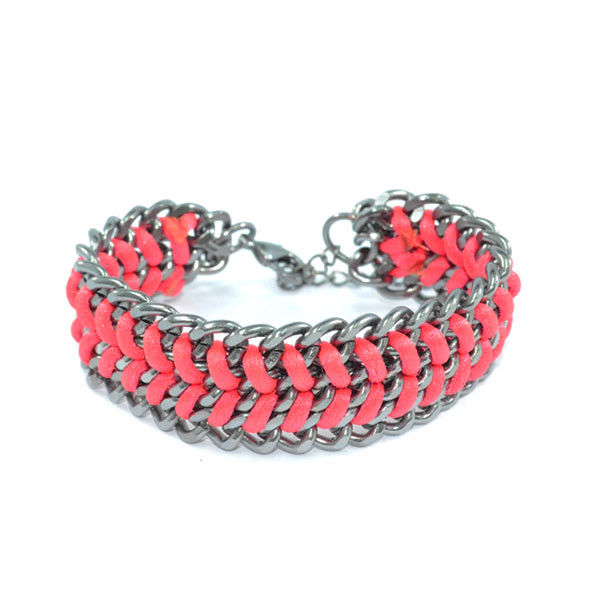 DARK SILVER CHAIN WITH WOVEN PINK STRING BRACELET - product image
