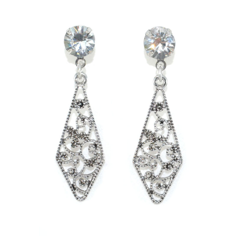 CRYSTAL WITH HOLLOW PATTERN RHOMBUS DROP EARRINGS - product image