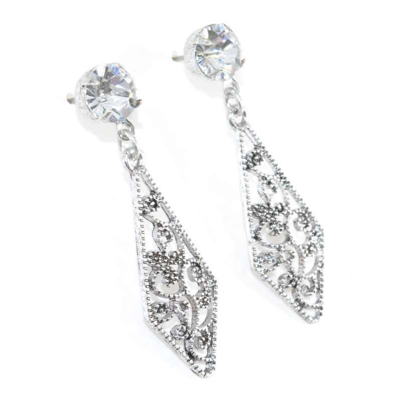 CRYSTAL WITH HOLLOW PATTERN RHOMBUS DROP EARRINGS - product image