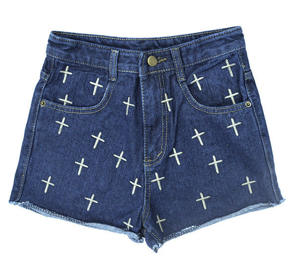 NAVY CROSS PATTERN DENIM SHORTS - product image