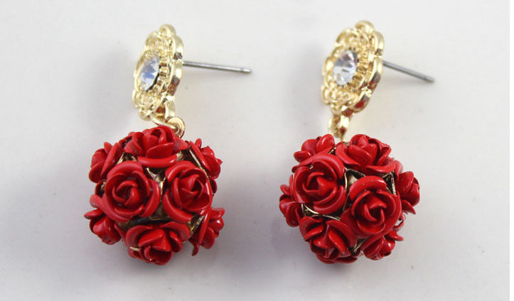 MULTI ROSE BALL WITH CRYSTAL FLOWER EARRING - product image