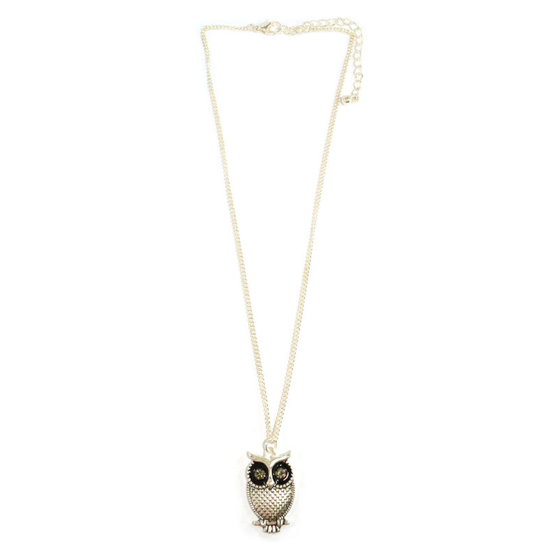 VINTAGE SILVER CRYSTAL EYES OWL NECKLACE - product images of