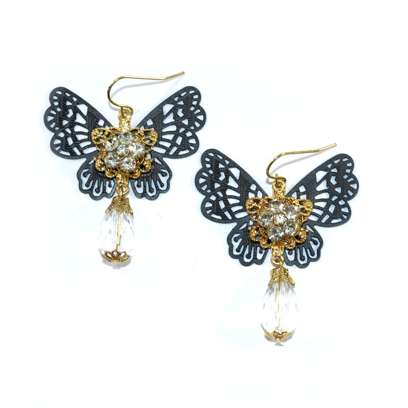 HOLLOW PATTERN BUTTERFLY WITH CRYSTAL DROP EARRINGS - product image