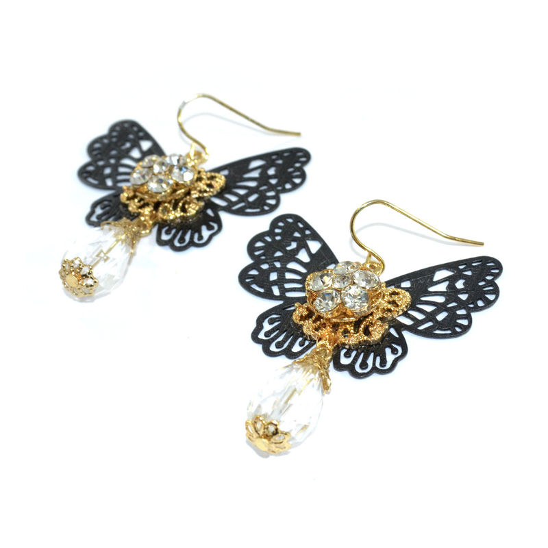 HOLLOW PATTERN BUTTERFLY WITH CRYSTAL DROP EARRINGS - product image