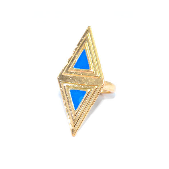 GOLD TONE RHOMBUS WITH BLUE TRIANGLE RING - product image