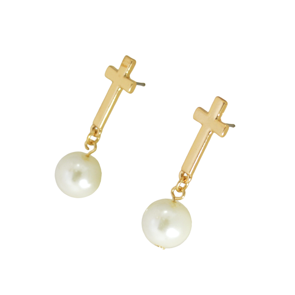 CROSS WITH PEARL DROP EARRINGS - product image