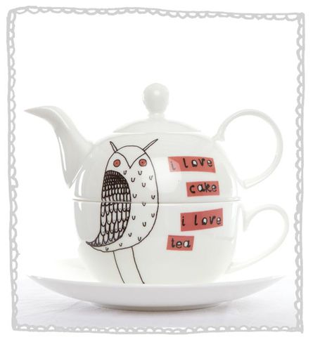 Owl,Tea,for,One,Set,Jade devall, gift, teapot, tea cup, jugs, sugar bowl, mugs, cake stands, illustrated, pattern, print