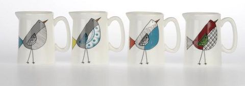 Ay,Up,Bird,Milk,Jugs,set,of,4,Jade devall, gift, teapot, tea cup, jugs, sugar bowl, mugs, cake stands, illustrated, pattern, print