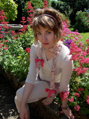 Hand,skinny,knit,scarf,with,corsages...,knitted scarf, vintage