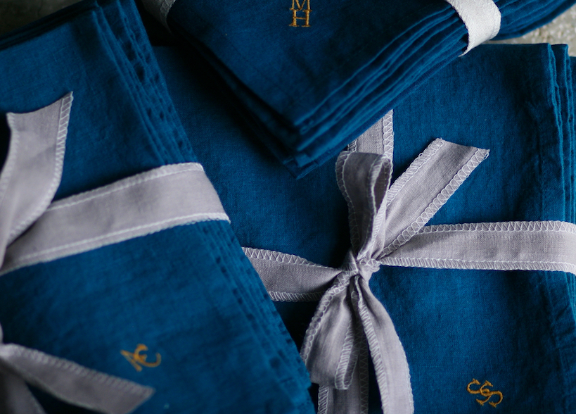 luxury linen blanket with piping and monogram