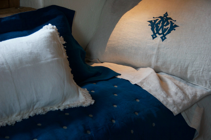 luxury linen blanket with piping and monogram