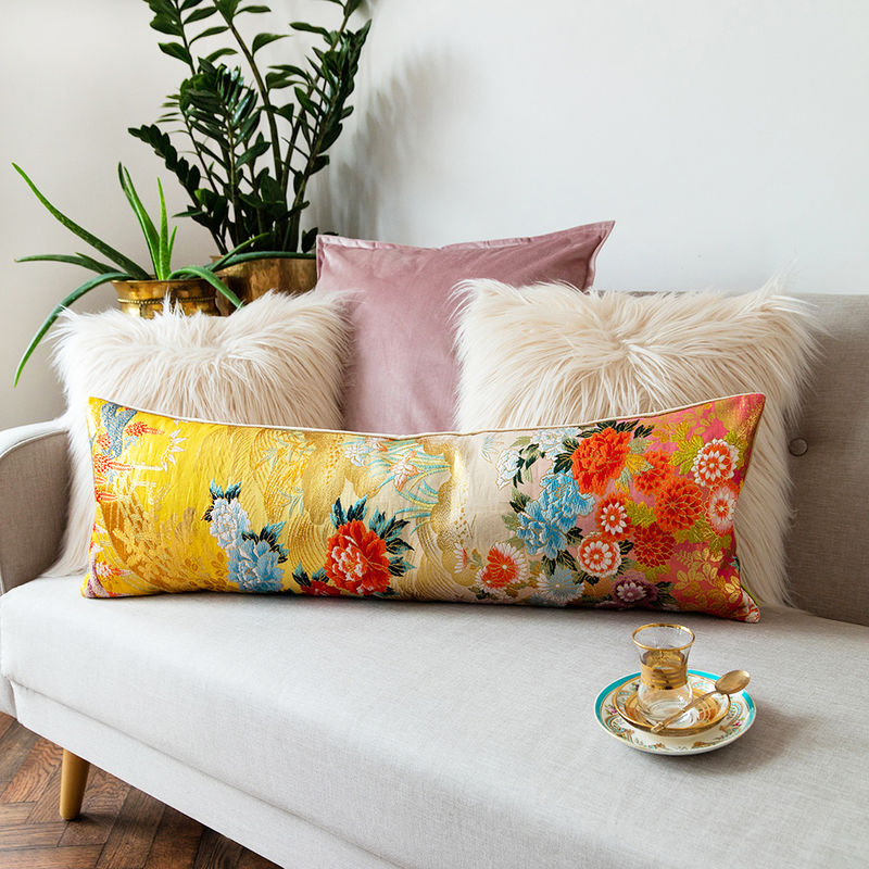 Oriental Bolster Cushion Yellow Gold Floral Brocade, Luxury Wedding