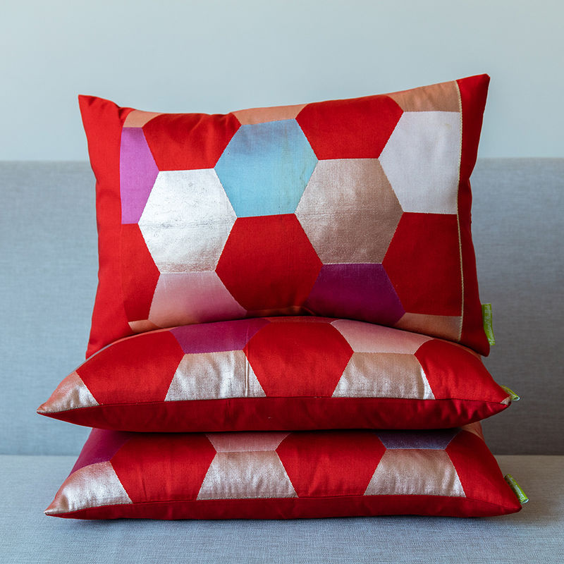 Geometric Cushion Vintage Oriental Obi Silk in Red Pink