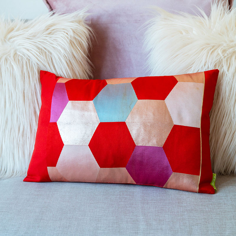 Geometric Cushion Vintage Oriental Obi Silk in Red Pink