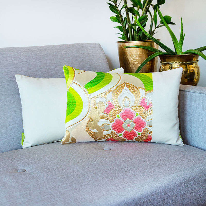 Upcycled Japanese Obi Cushion Gold, Cream, Green Flower Upcycled