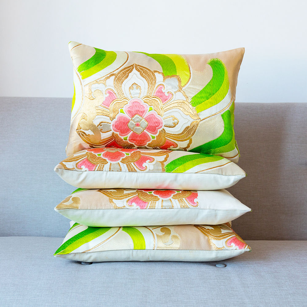 Upcycled Japanese Obi Cushion Gold, Cream, Green Flower Upcycled