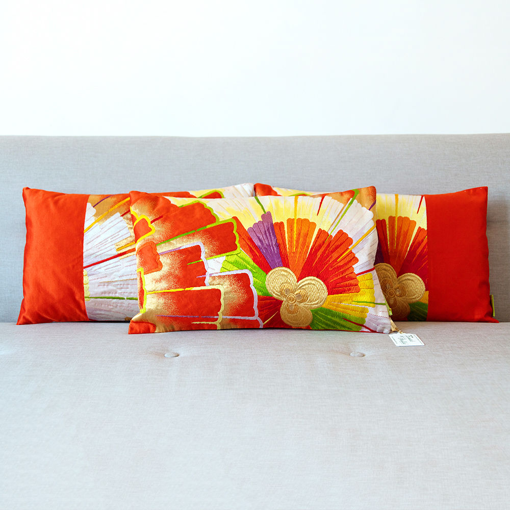 Orange Cushion Set of 3 Japanese Silk Obi pillows 1920's Upcycled