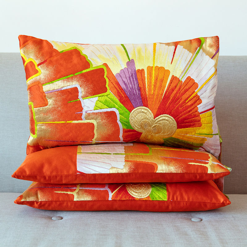 Orange Cushion Set of 3 Japanese Silk Obi pillows 1920's Upcycled