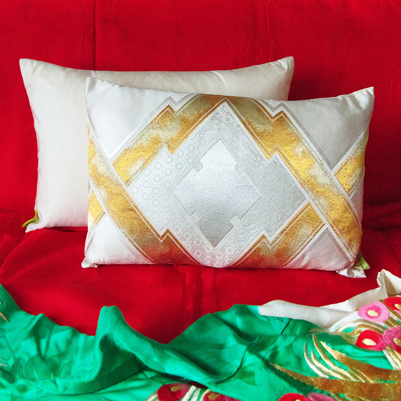 Cream Silk Cushion with Gold Embroidery Upcycled Japanese Obi Pillow