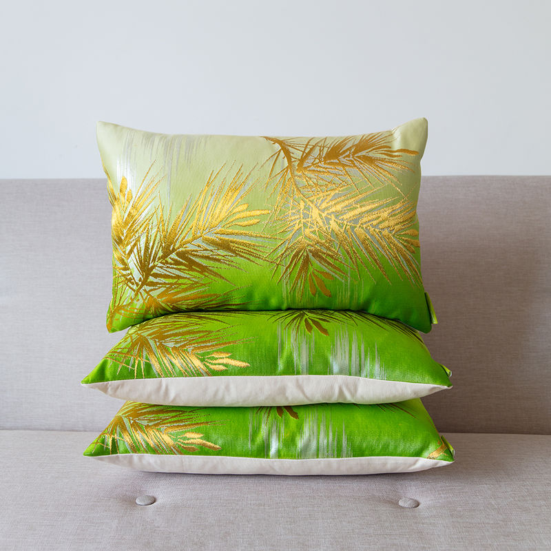 Ombre Cushion in Green/Cream with Gold Pine Pattern Upcycled Vintage