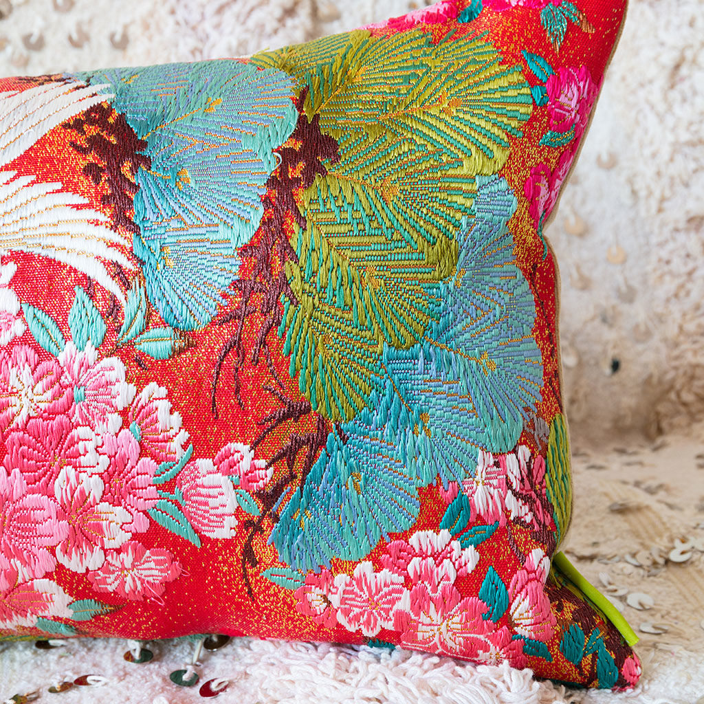 Long Bolster Cushion Gold Upcycled Vintage Wedding Kimono Upcycled