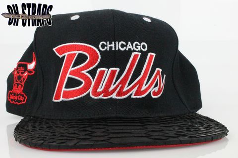 Chicago,Bulls,Black,Script,M&N,Snakeskin,Strapback,Hat