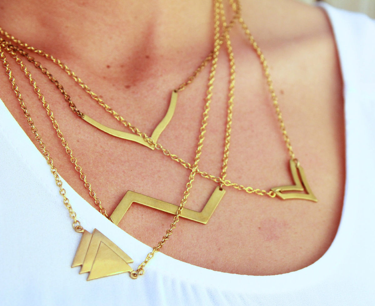 Geometric Raw Brass necklaces choose from four different patterns