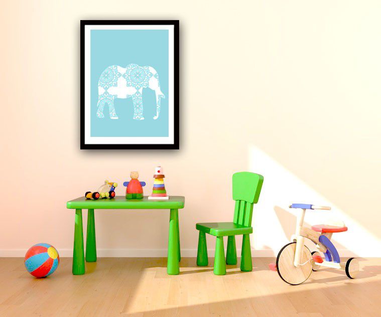Damask Elephant in blue Fine Art Print, elephant nursery, animal