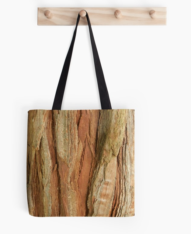 Redwood bark pattern tote bag, this print is on a variety of items in my Redbubble collection, click the image or link to visit the site.