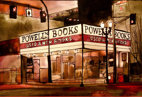 Portland's,Powell's,Bookstore,portland or, powells, bookstore, india ink, illustration, art