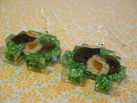 Maki,Sushi,Space,Invader,Resin,Earrings,harajuku kawaii maki sushi rolls green space invader sparkly glitter resin rice seaweed onigiri sushi roll japanese food silver plated drop earrings