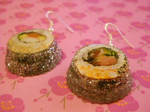 Maki,Sushi,Silver,Wagashi,Resin,Earrings,harajuku kawaii wagashi silver maki sushi rolls sparkly glitter resin rice seaweed onigiri sushi roll japanese food silver plated drop earrings