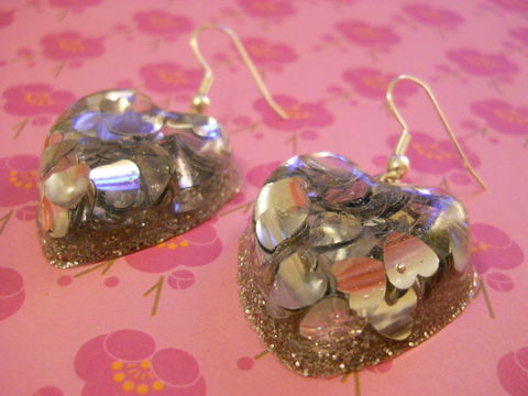 Silver,Love,Heart,Resin,Earrings,harajuku Super kawaii heart shaped resin earrings filled with silver heart shaped confetti on silver plated earring hooks.