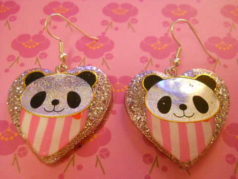 Pink,Panda,Love,Heart,Resin,Earrings,harajuku Super kawaii heart shaped resin earrings filled with silver glitter decorated with a pink and white striped heart with a kawaii panda, all on silver plated earring hooks.
