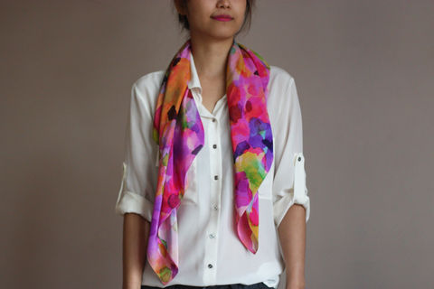 SOLD,OUT,Fleur,Silk,Scarf,digitally printed digital print scarves silk scarf luxury designer abstract printed crepe de chine 100% silk floral blurred watercolour pink